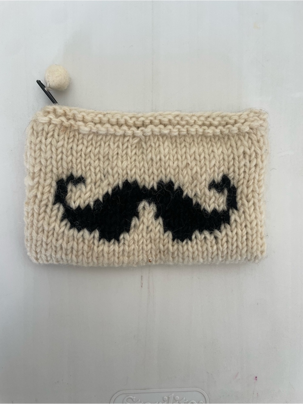 Handknit Mustache Coin Pouch in Cream and Black
